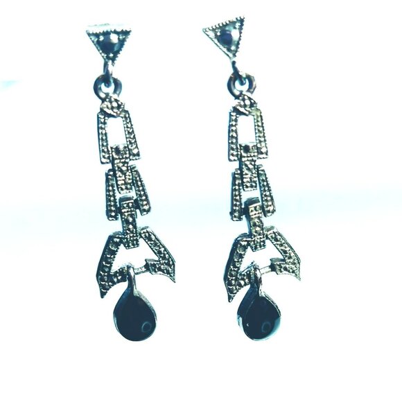 Vintage Art Deco Style Black & Silver-Tone Dangle Earrings - Picture 4 of 4
